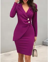 Purple Slim Notched Formal Double Buttons Women Career Office Dresses