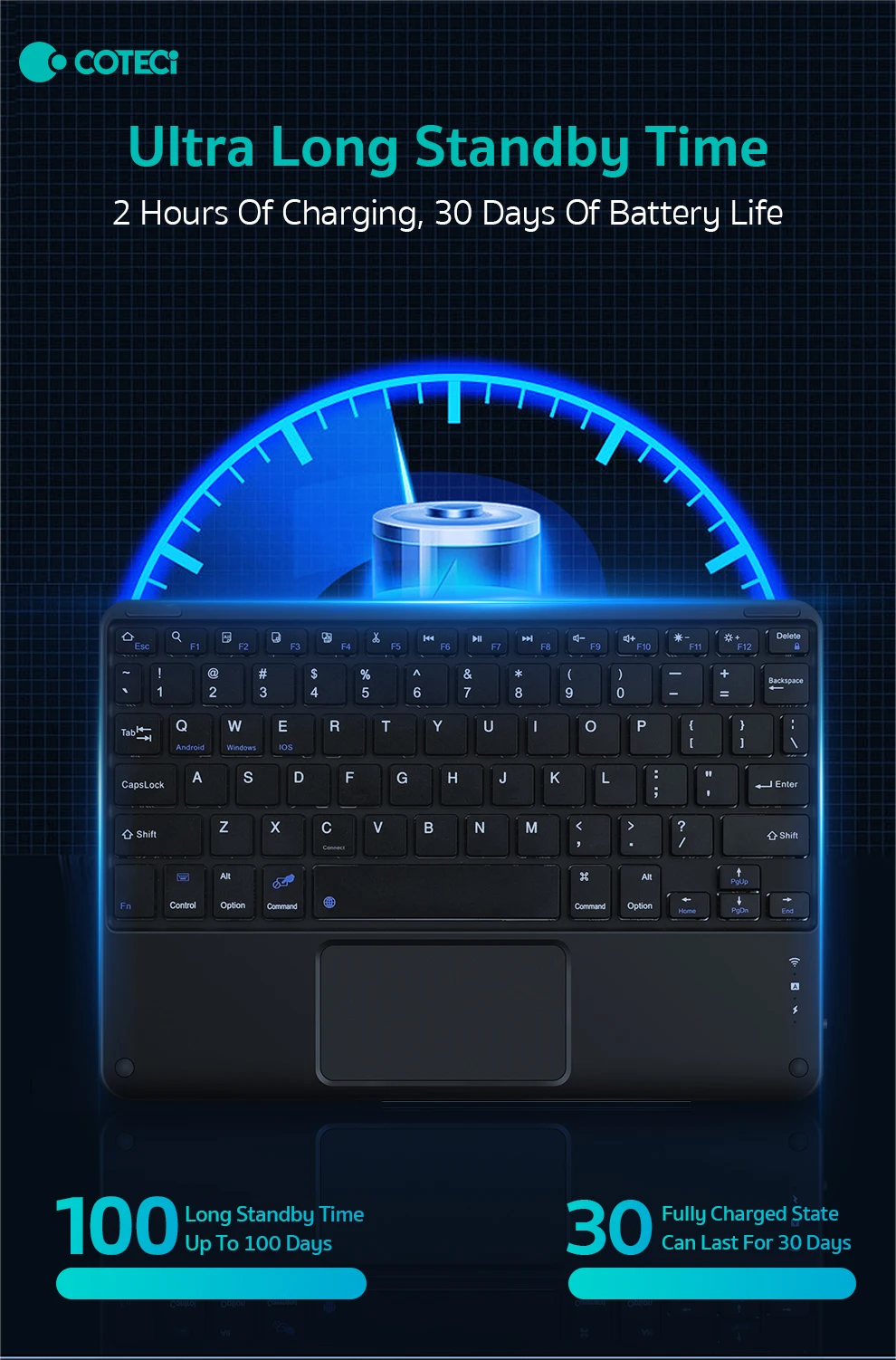 COTECi Office Use Ultra-Slim BT Business Keyboard Rechargeable Mini Wireless Tablet Keyboard With Trackpad for iPad IOS Windows