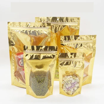 Wholesale Gold Color Plastic Clear Front Stand Up Zip Lock Mylar Foil Bag Zipper Reusable Food Candy Storage Packaging Pouches
