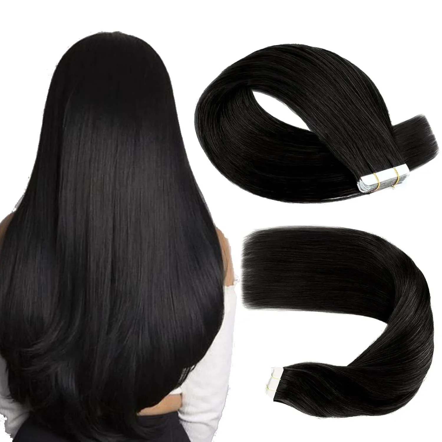 Jet Black ίσια ταινία σε επεκτάσεις μαλλιών, αόρατη ταινία άνευ ραφής, σε υφάδι δέρματος επεκτάσεων ανθρώπινης τρίχας για γυναίκες_voghion.com