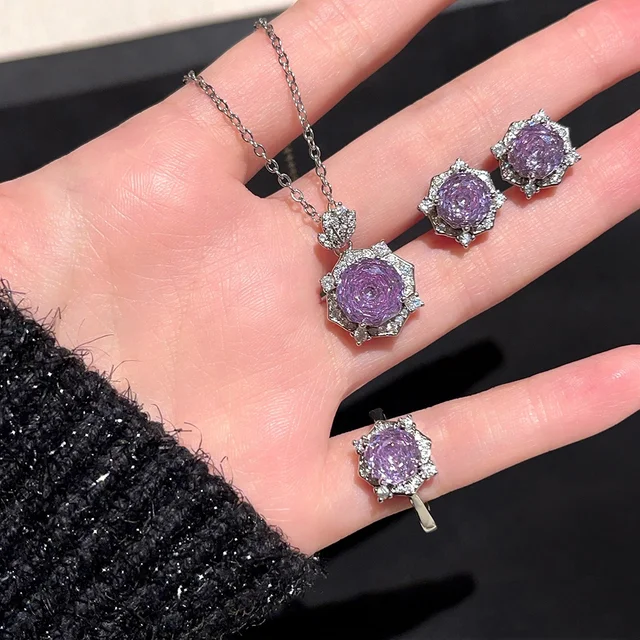 Iris Handmade Micro-Infused Purple Zircon Necklace Earrings Ring Set Fashionable Micro-Inlaid Pendant Necklaces