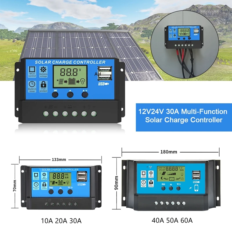 Zonnepaneelregelaar, MPPT laadregelaar 12V / 24V, 30A 40A 50A 60A zonne- laadregelaar met LCD-scherm (30A