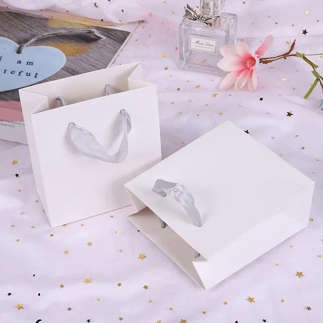 Custom Luxury Ribbon Handle White Cardboard Shopping Packaging Paper Bag with Your Own Logo Small Gift Paper Bag for Jewelry