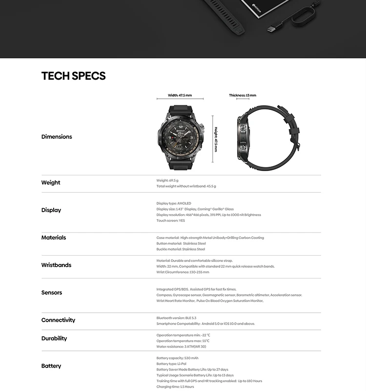 Zeblaze Stratos 2 Plus GPS Smart Watch 1.43'' AMOLED Display Compass Barometric Altimeter Bluetooth Phone Calls Smartwatch