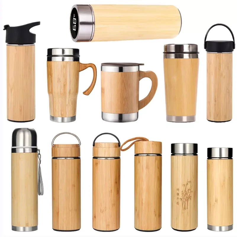 Bamboo Body 450 ml Double Wall Stainless Steel Coffee Mugs Thermos Flask Tumbler with Handle