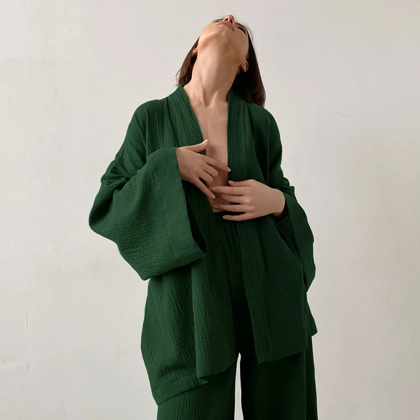 Womens Washed Cotton Gauze Pajama Set Double Layer Breathable Long Sleeve Wrap Full Length Pants Autumn Loungewear — detail