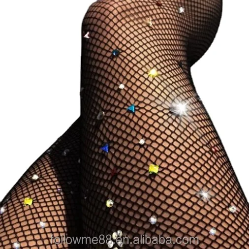 Women Sexy Hollow Out Fishnet Pantyhose Glitter Rhinestone Diamond
