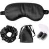 Antifaz negro, bolsa, gomas para el pelo y tapones para los oídos.