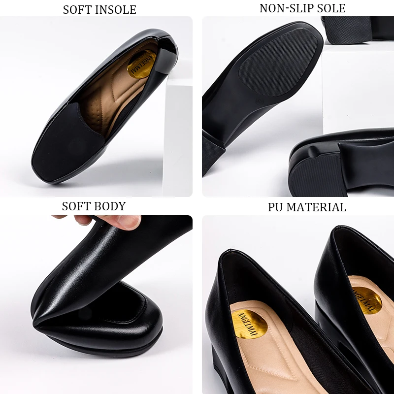 2023 Arch Support Insole Comfortable Shoes Women Solid Black Wedge Heel