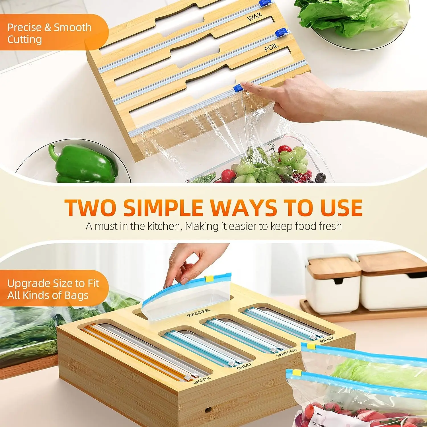 Customization 9 In1 Bamboo Ziplock Bag Storage Organizer Plastic Wrap Organizer For Kitchen