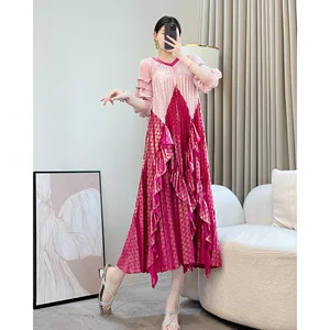 Miyake Elegant High-Level Summer Dress for Mom Color-Matching Pleated Long Dress High Waist Slimming Design Floor-Length Solid