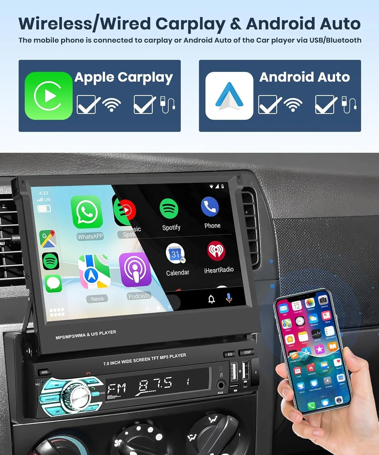 Podofo 1 DIN Radio Coche Carplay Android Auto Enlace Espejo Bluetooth Ampliar Manualmente 7'' Táctil Manos Libres FM/Control Remoto EQ//USB/ Control Del Volante/AUX/Mic/SD/AHD Cámara De Visión Trasera
