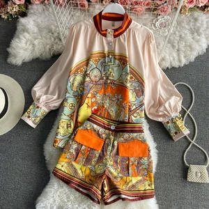 Wholesale 2026 New Korean Style Long Sleeve Spring and Summer Retro Single Breasted Tops Printed Casual Shorts Women's Sets