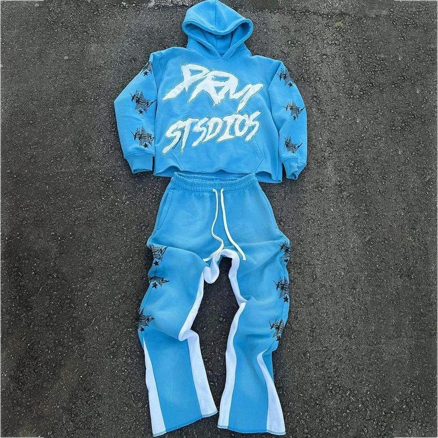 Custom High Quality Cropped Hem Hoodie Sweatpants Tracksuits For Men