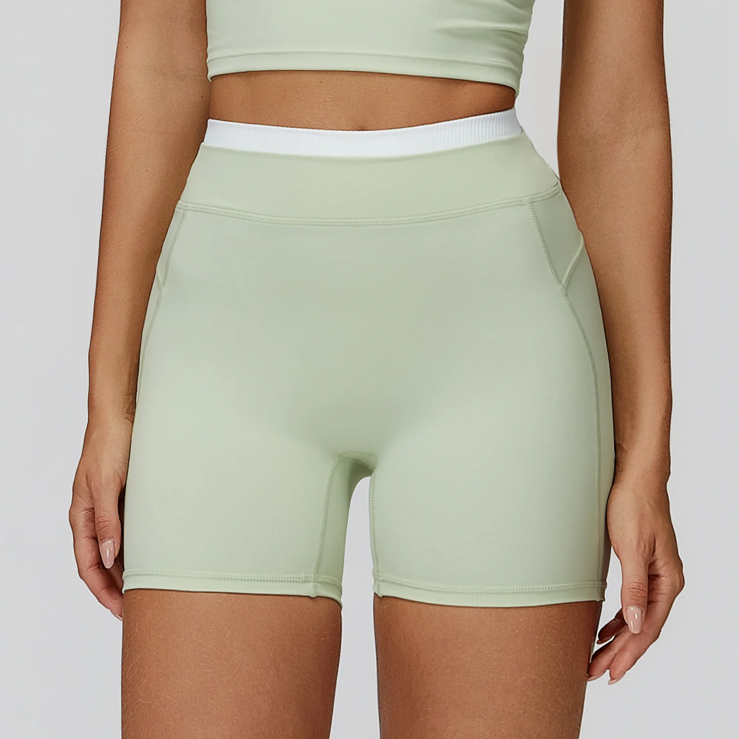 Naked Feel Contrast Color Yoga Shorts Threaded High Waist Skinny Nylon Spandex Sporty Ou detail