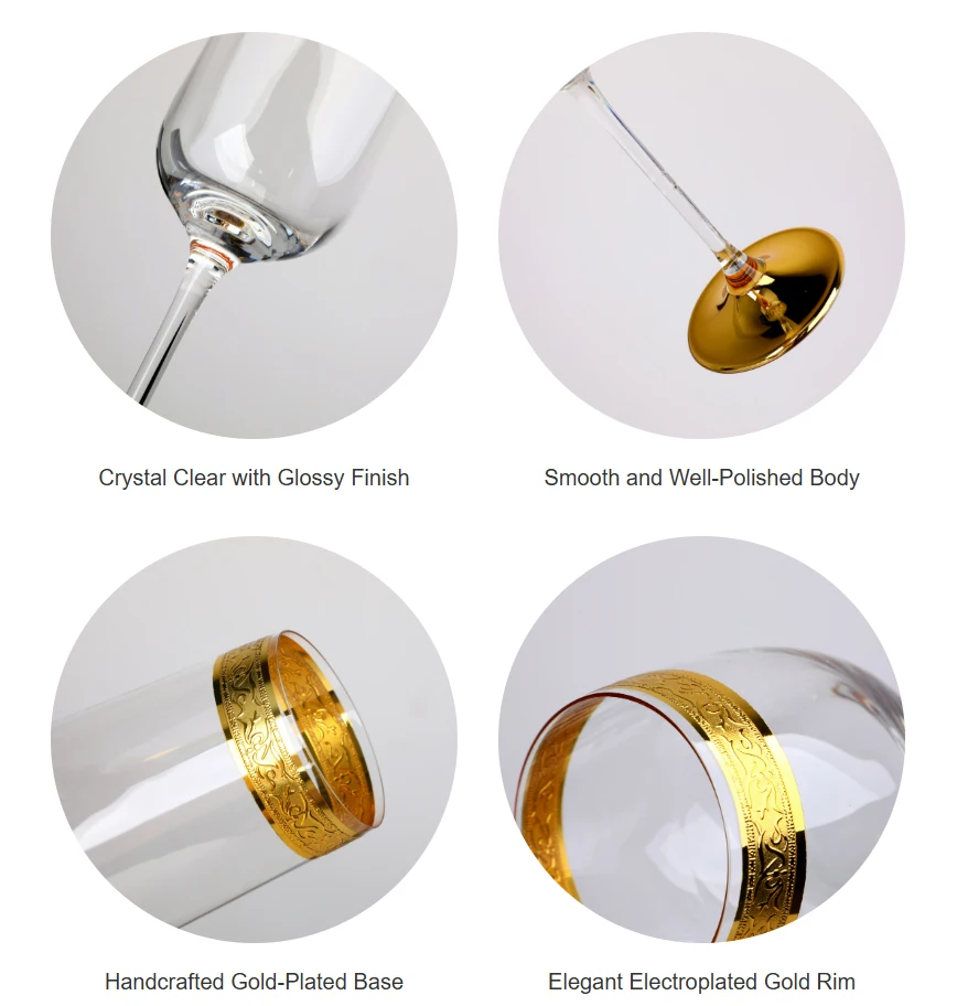 Luxury No Lead Crystal Art Deco Edge Gold Rimmed Glass champagne Flutes Wine Glasses Stemless