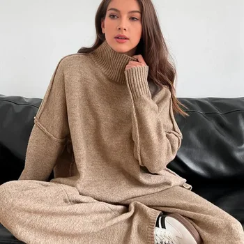 2025 New Autumn Winter Collection New Casual Lazy Style High-Neck Knitted Sweater Suit Top and Pants Solid Color Breathable