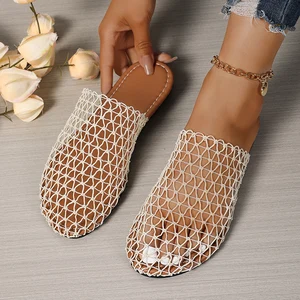 New Wholesale Beach Light Weight Comfy Mesh Woven Slippers Flat Outdoor Beach Slippers for Women Summer