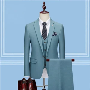 Men's 3-Piece Business Wedding Suit One-Button Flat Lapel with Breathable Trousers and Vest