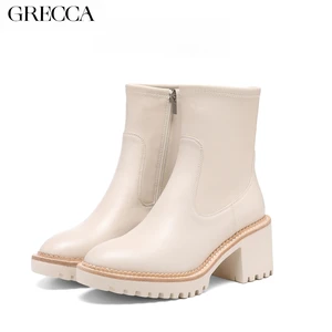 Women's Beige Leather Block Heel Ankle Boots by GRECCA Slip-On Closure Chunky Lug Sole Fashion Stylish Looks Height Increasing