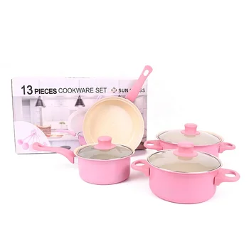 Pink 13 piece non-stick pot set soup stew frying iron pans and pots set spatula spoon Multi-piece kitchen cookware set