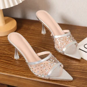 Hot Sale New Arrival Trendy Big Size  PVC Shoes Transparent Rhinestone High Heels Plus Size Sandals for Women and Ladies