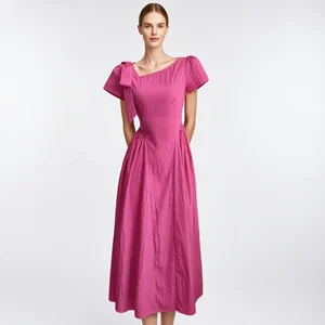 Custom Elegant Solid Pink Short Sleeve Midi Dress with Shoulder Bow