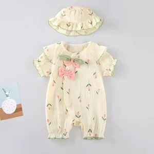 Muslin Baby Clothes Infant One-Piece Casual Floral Diagonal Tulip Short-Sleeved Girl Princess Outing Clothes Baby Rompers