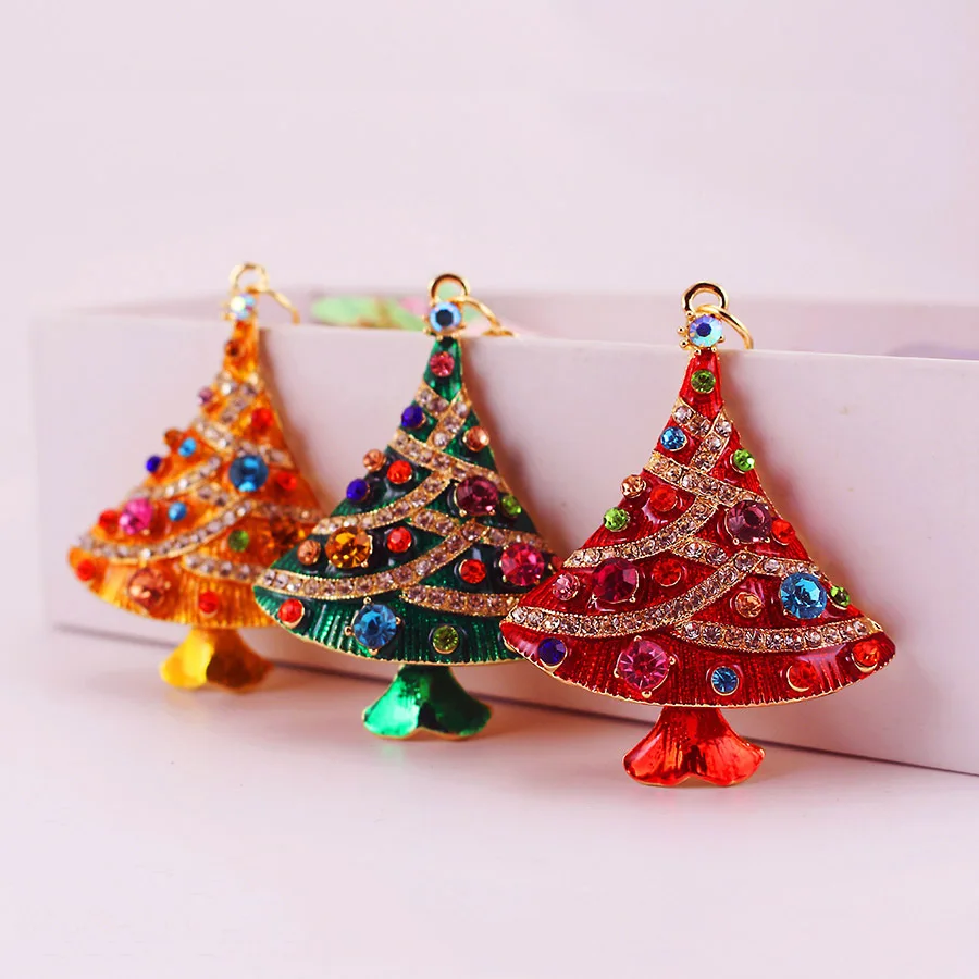 Cute Enamel Christmas Keychain Rhinestone Crystal Keyring Pendants