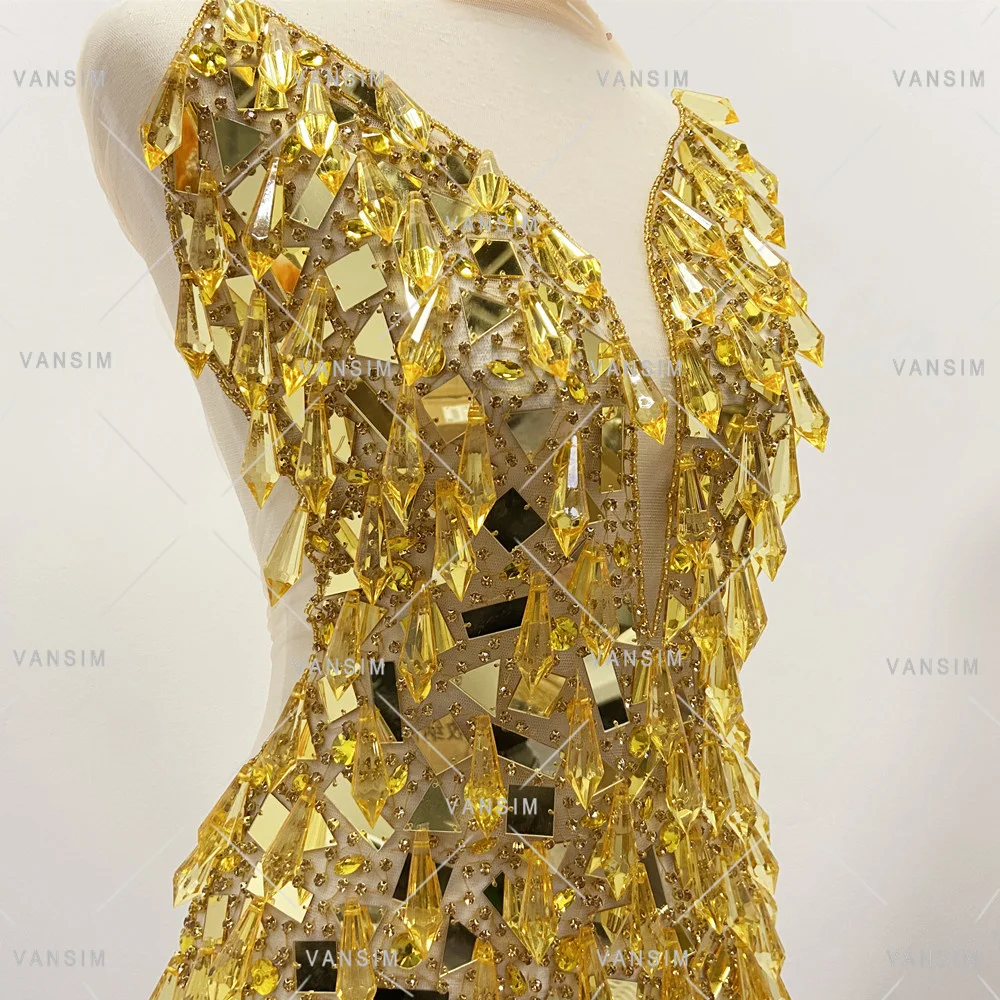 Mirror Acrylic with Drop Stone Gold Bodice Applique Handmade Rhinestone Applique Bridal With Icicle for Evening Dresses