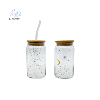 Beer Straight Glass Can Coffee Soda Shaped Beer Sublimation Glass Can with Bamboo Lid and Straw