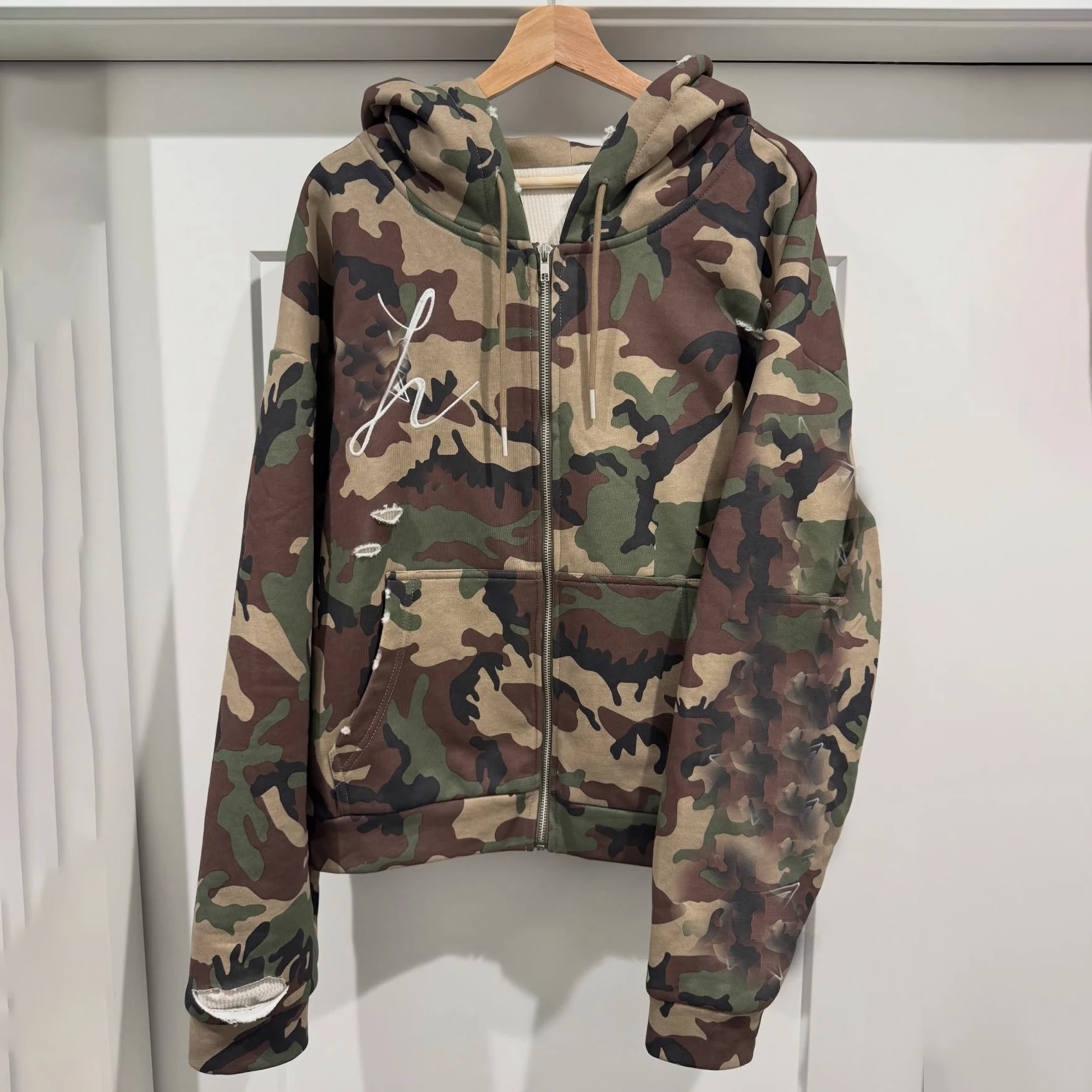 Manufacturer Custom Hoddie Hombre Dtg Printed 420 GSM Cotton French Terry Zip up Camouflage Camo Acid Wash Distressed Hoodie Men