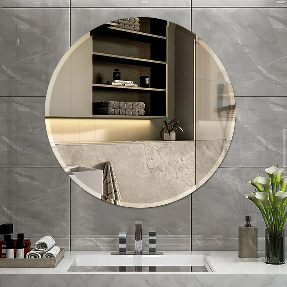 Elegant Frameless Round Mirror Crystal Clear Glass Mirror Decorative Vanity Wall Mirror for Bathroom