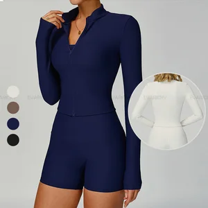 Effinite Women's Zipper Outdoor Running Yoga Jacket, Slimming and Fitness Workout Long-sleeve Yoga Wear Ribbed Gym Jacket