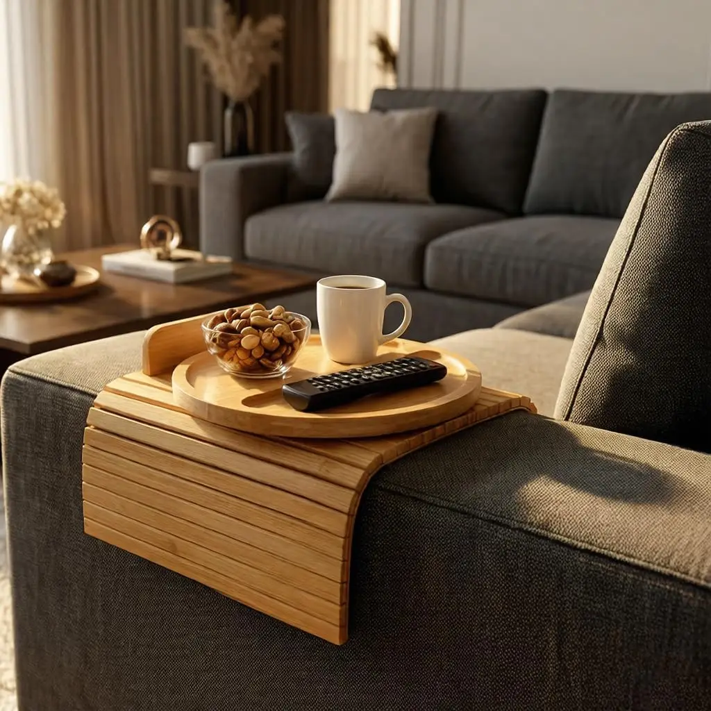 product bamboo sofa armrest tray foldable couch arm table 2 in 1 magnetic rotating couch side tray  sofa arm snack drink tray anti slip-3