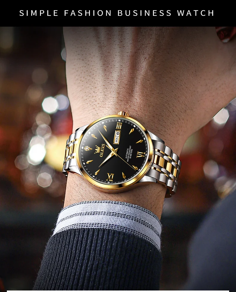 OLEVS 9956 New Fully Automatic Watch Stainless Steel Waterproof Mechanical Watches Business Simple Double Calendar Mens Wrist
