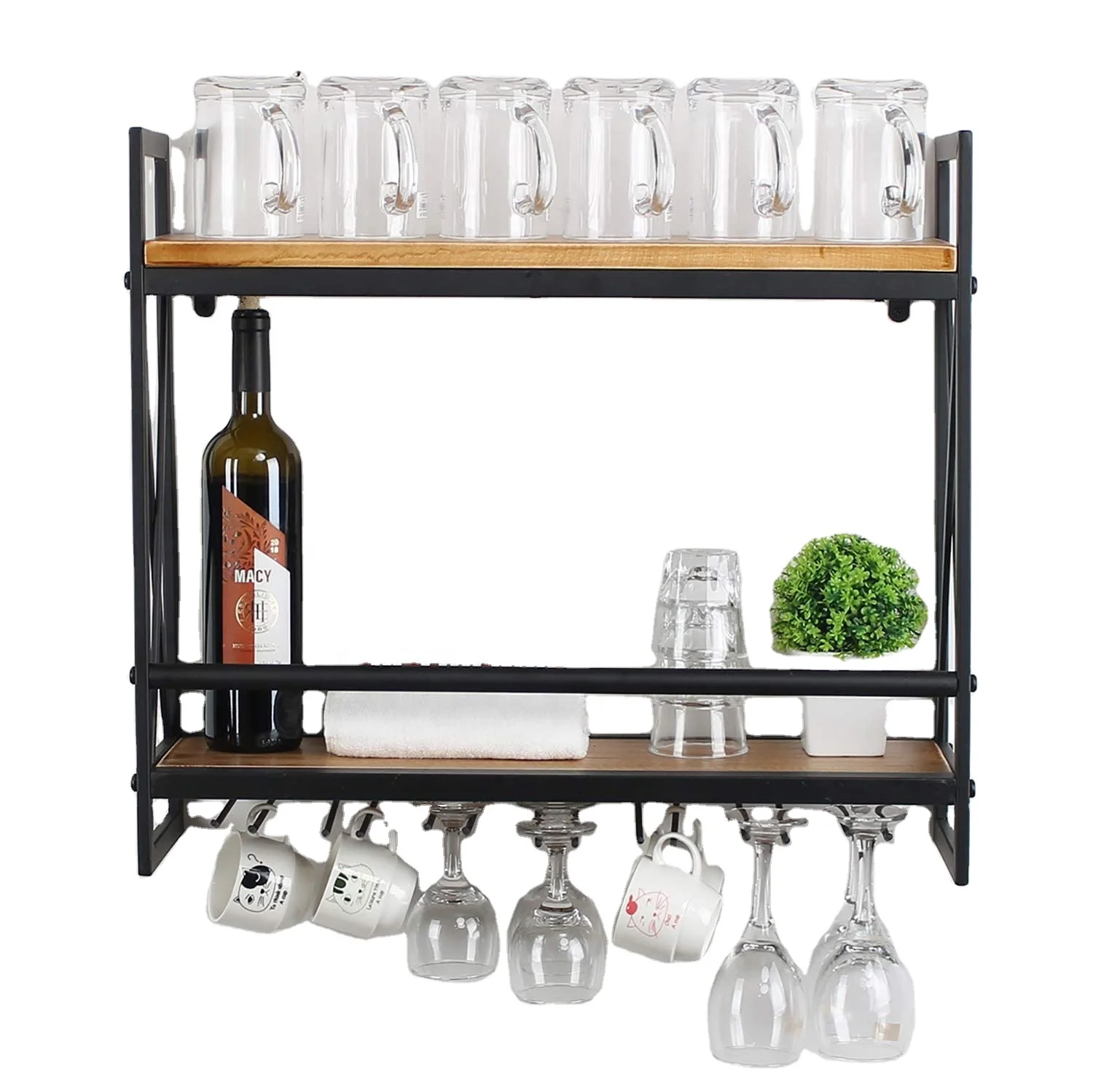 Industrial Wall Mounted Wine Racks,Rustic Metal Hanging Wine Holder Wine Accessories,2-Tiers Wall Mount Bottle Holder Glass Rack,Wood Shelves Wall Shelf with 10 Wine Glass Holder 