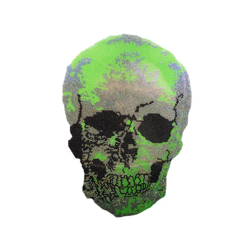 Custom logo crystal rhinestone heat transfer skull hoodie design green rhinestone motif