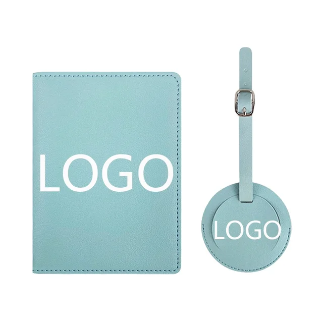 Custom Logo PU Leather Luggage Tag Passport Cover Set for Wedding Promotions Custom Design PU Suitcase Tag Travel Wallet Set