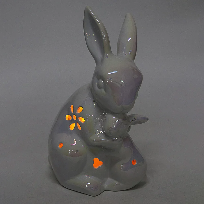 Led Light Ceramic Easter Rabbit and Baby Bunny