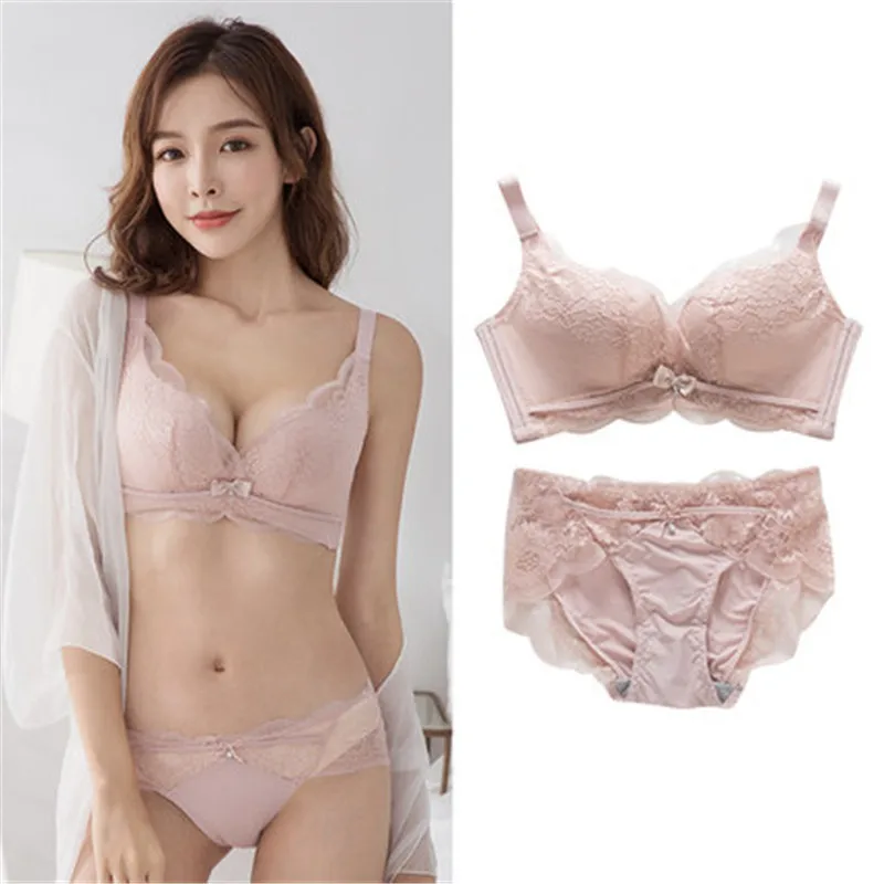 Small Chest Machine Flat Chest Bra Gathered Sexy Super Thick Cup Underwear  No Underwire Bra Set Women Lace Underwear Female