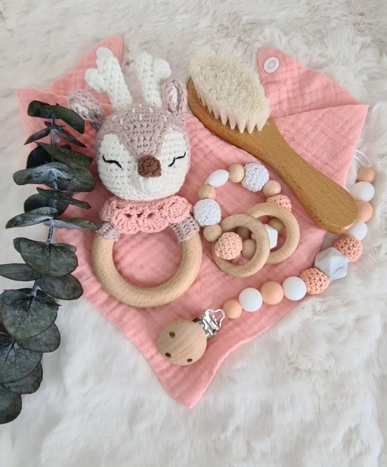 100 Organic Cotton Baby Bath Brush Set Toy Bunny Teether Rattle