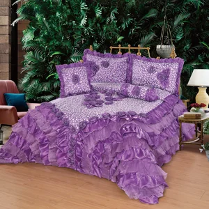 Big Size Ruffled Duvet Cover & Bed Skirt 3D Rose Embroidery 6Pc Luxury Set Silver Patchwork Satin 300tc Eco-Friendly Bedding