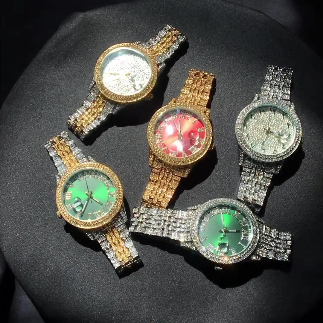 Fashion Luxury Hip Hop Jewelry Iced Out Rhinestones Quartz Watch Stainless  Steel Roman Watch Baby Pink Dial Diamond Watch