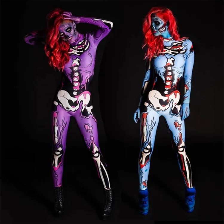 Idgreatim Damen Halloween Jumpsuit Kostüm 3D Print Langarm Skinny Skeleton Catsuit Cosplay Overall Body