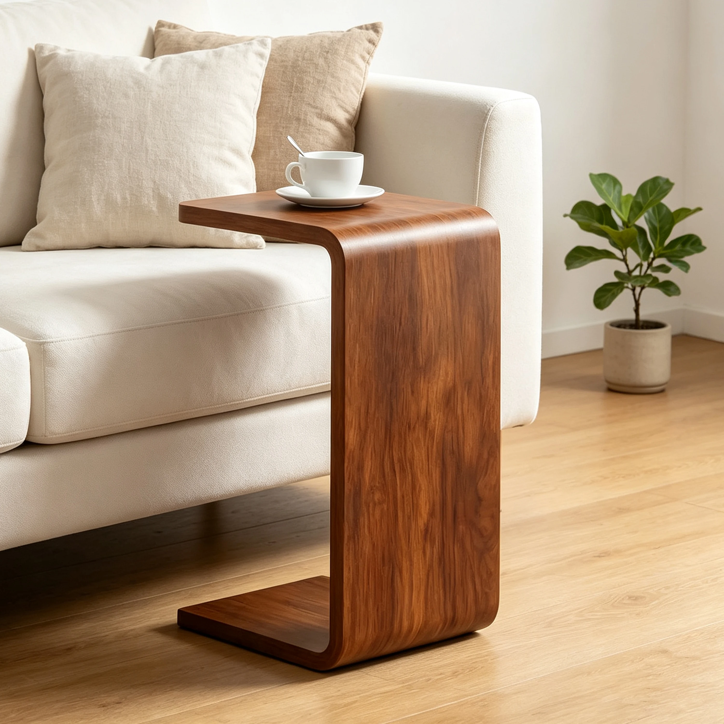 Walnut Wood C Shaped End Table Curved Slide Under Couch Side Table Sofa Arm Snack Table for Small Spaces Bedroom Living Room