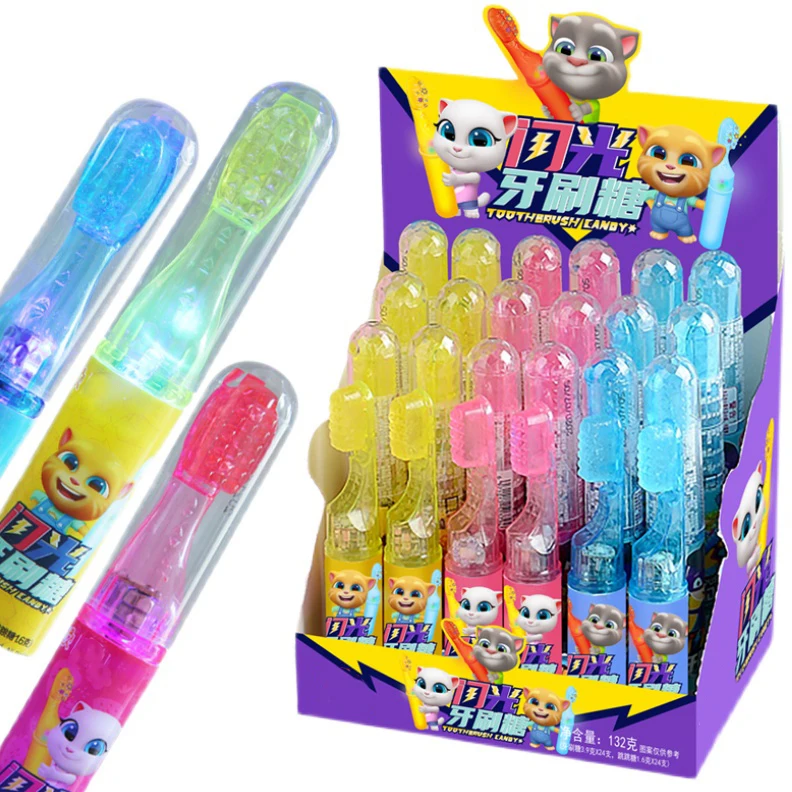 OEM Custom Personal Label Cartoon Toothbrush Shaped Lighting Toy Fruity Flavored Lollipop Flashing Sweets