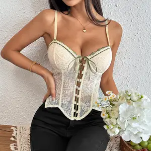 Women's Adjustable Spaghetti Straps Tank Top Sexy Sheer Camisole Floral Embroidery Slim Bustier Corset Top Y2k Club Party Tops