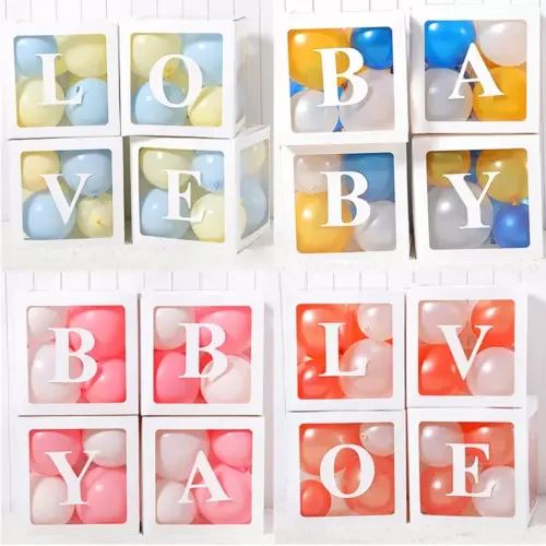4 Stück Transparente Ballonboxen Für Baby-Shower – Ca. 30x30x30 Cm, Mit Aufklebern, Ideal Für Geschlechtsenthüllung, Geburtstag & Partydeko