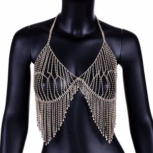 Wholesale Silver Lingerie Multi-Layer Cross Gold Plated Rhinestone Decor Bra Crystal Body Chain Top